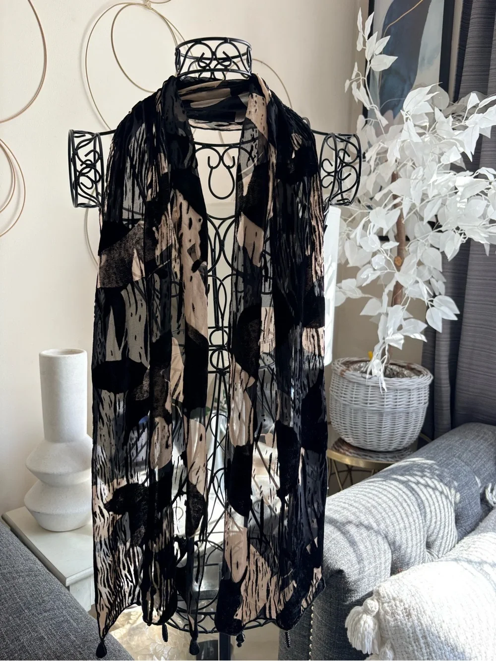 Black Beige Sheer Beaded Burnout Scarf 13 x 60